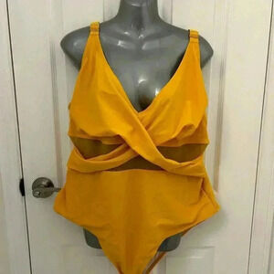 Yellow, Full Piece Bathing Suit with Mesh Cut-Outs,  Sz 4XL